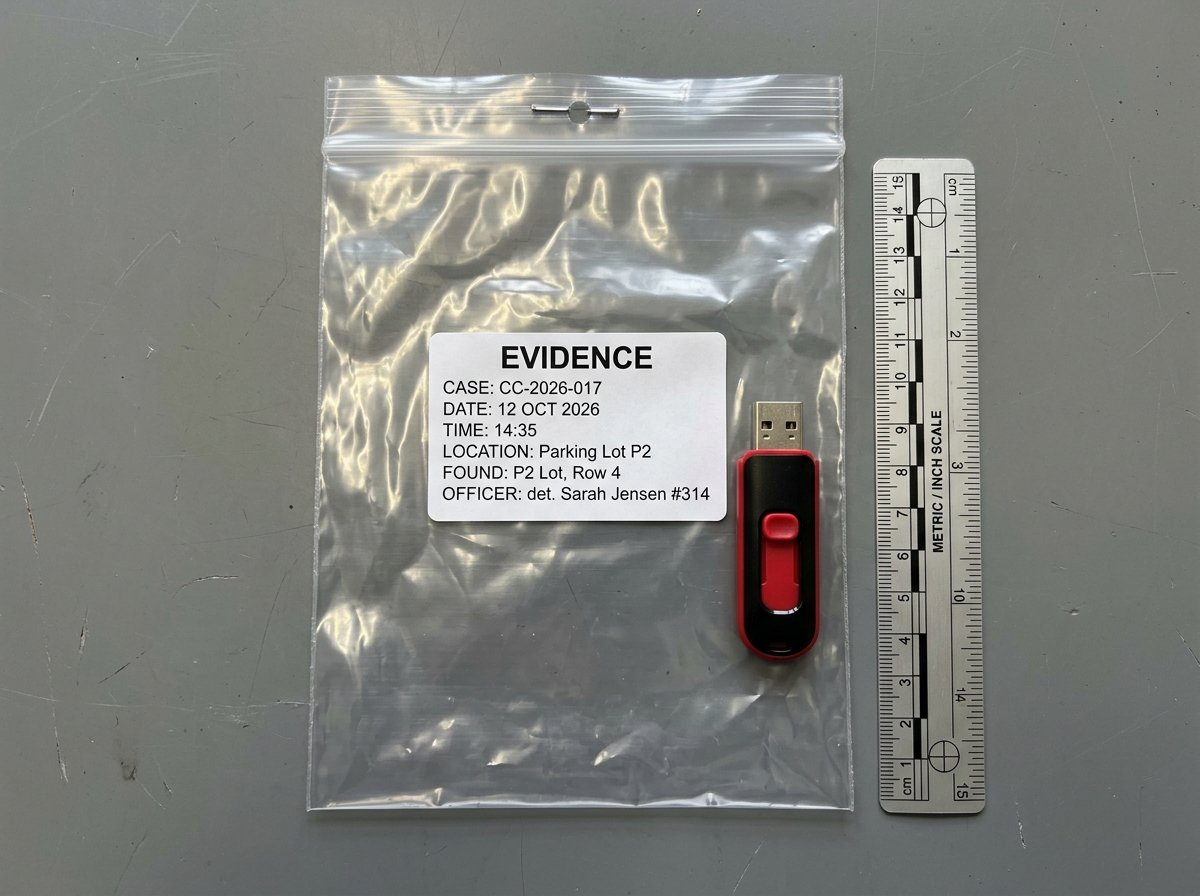 Sealed evidence bag with a red and black USB stick, an evidence label for case CC-2026-017 and a forensic scale ruler